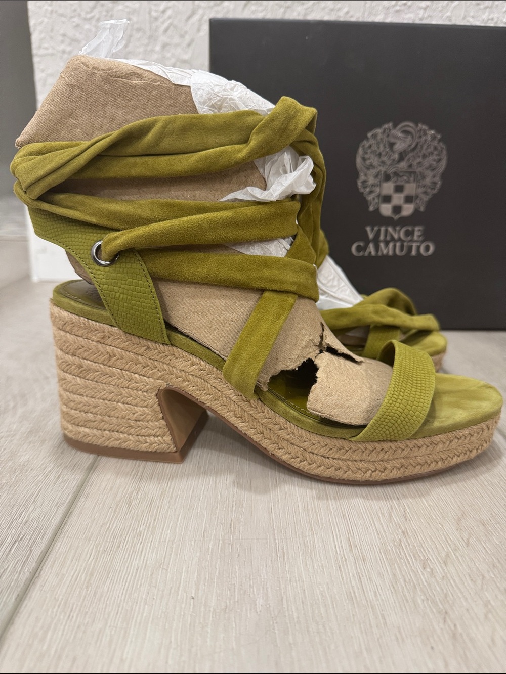 Vince Camuto Roreka Olive Suede Wrap Espadrille Wedge Sandals - Picture 2 of 5